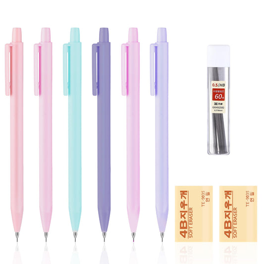 Bewudy 6PCS Pastel Mechanical Pencil Set, 0.5mm Cute Mechanical Pencils with 60PCS HB Refill & 2PCS Eraser, Artist Pencil Aesthetic Pencils for Girls Writing, Sketching(0.5mm)