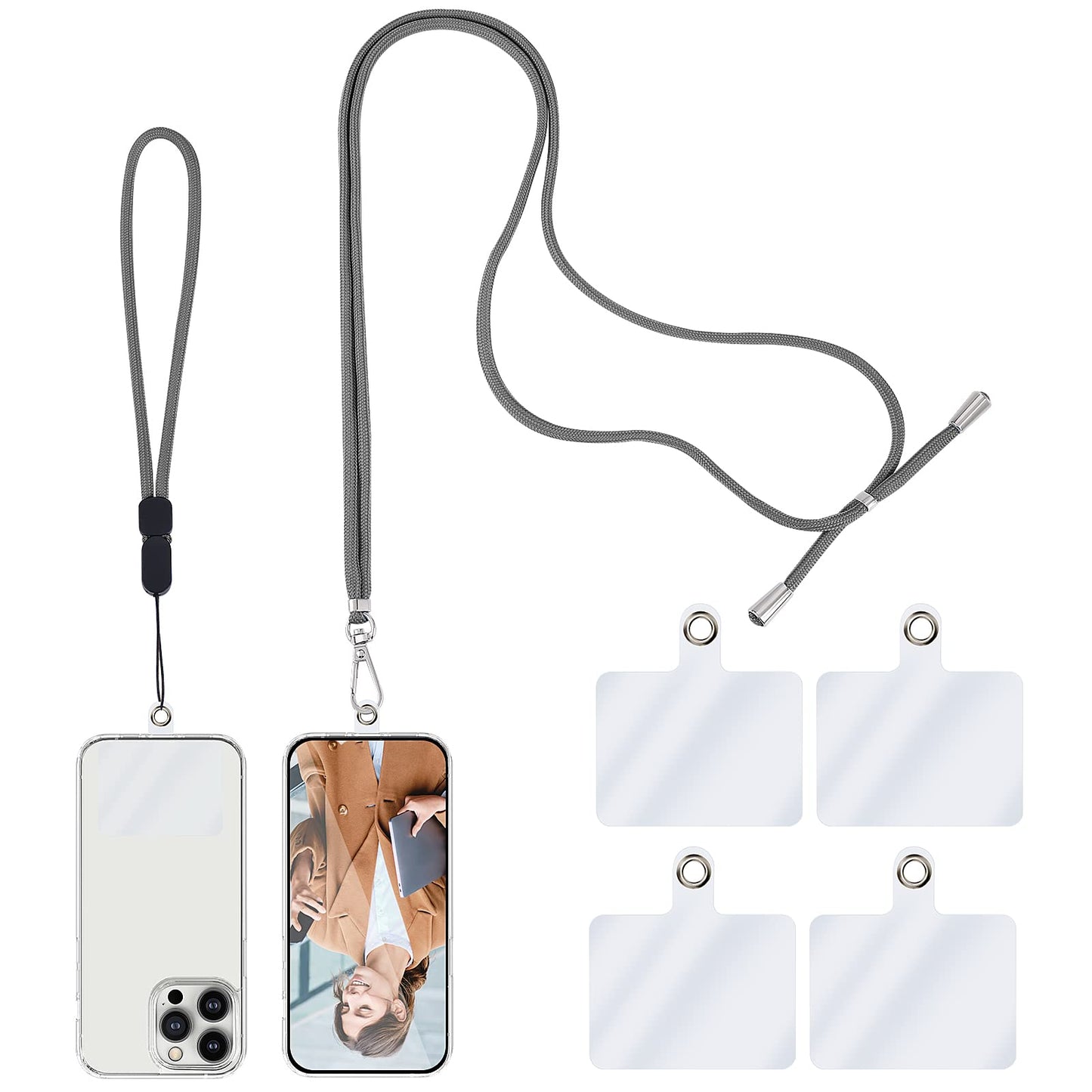 TIESOME Universal Cell Phone Lanyard, Crossbody Lanyard with Adjustable Nylon Neck Strap, 1 Phone Neck Lanyard+1 Wrist Phone Strap+4 Connectors Compatible with Most Phones (Grey)