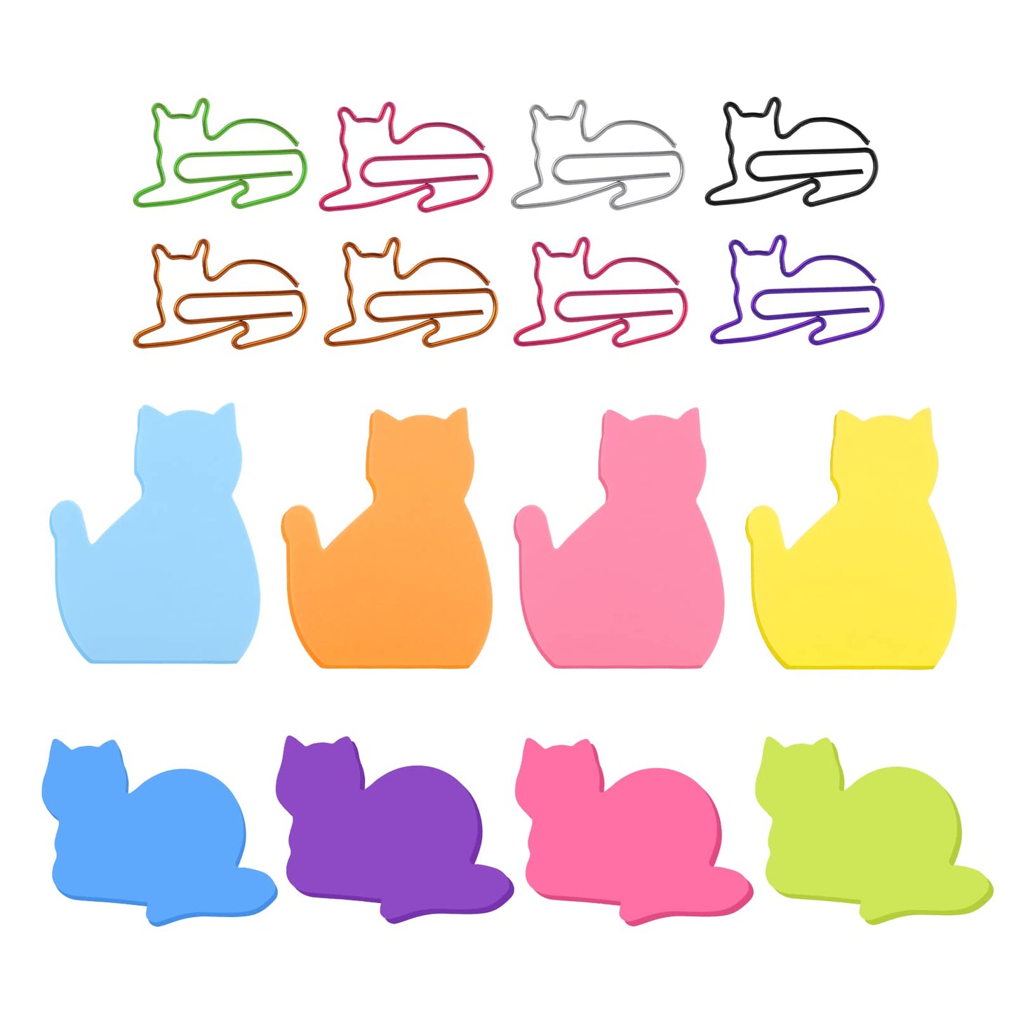 Cobee Cat Sticky Notes with Paper Clips, 8 Pack Cute Self-Stick Memo Note Pads Sticky Pad Cat Paper Clips Index Tabs (C)