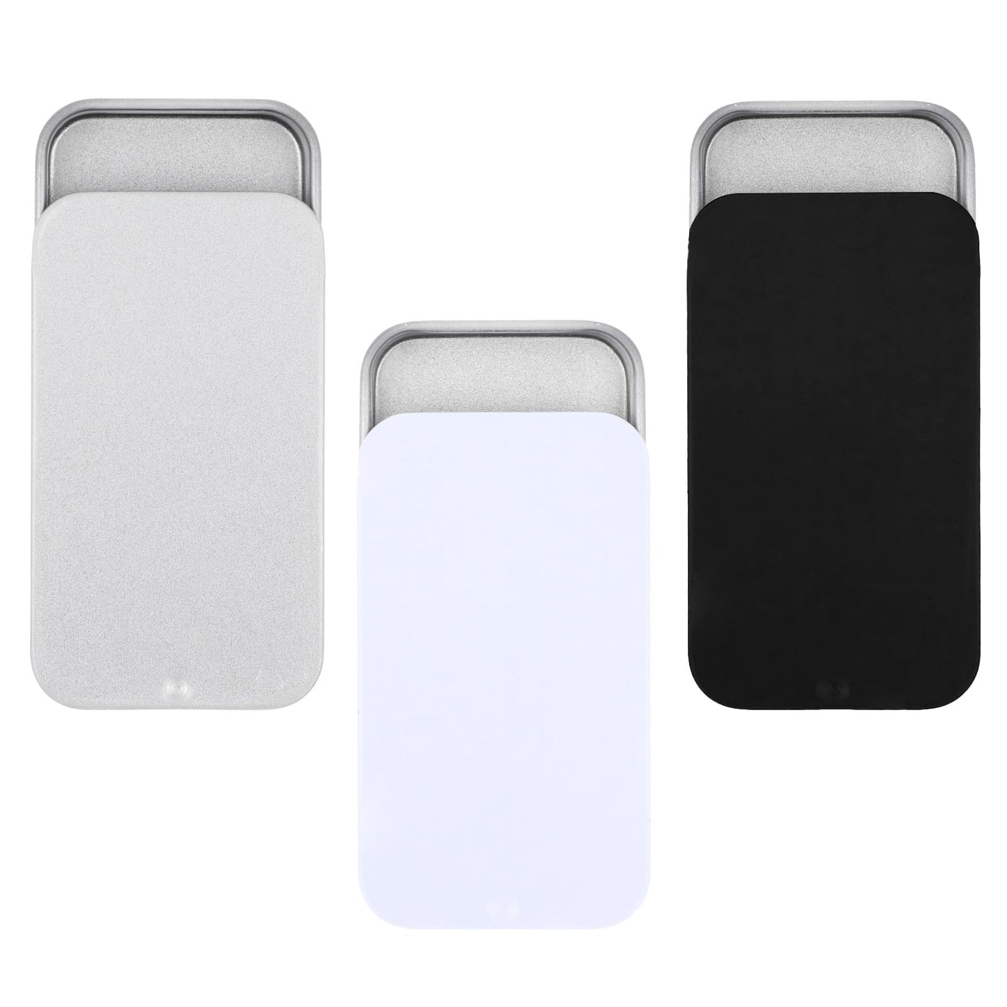 JIYIN 3 PCS Metal Tin Box Containers, Mini Rectangular Slide Top Tin Box Containers 2.36 by 1.33 by 0.4 Inch Empty Hinged Container for Candies Jewelry Crafts Pills Survival Kit(White Black Silver)