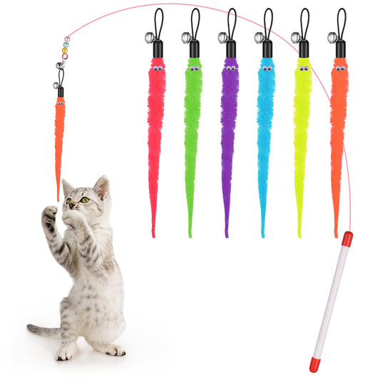 Molain Cat Wand Toy Set -Cat Teaser+ 6Pcs Furry Tail Worms with Bells Interactive Cat Chaser Toys