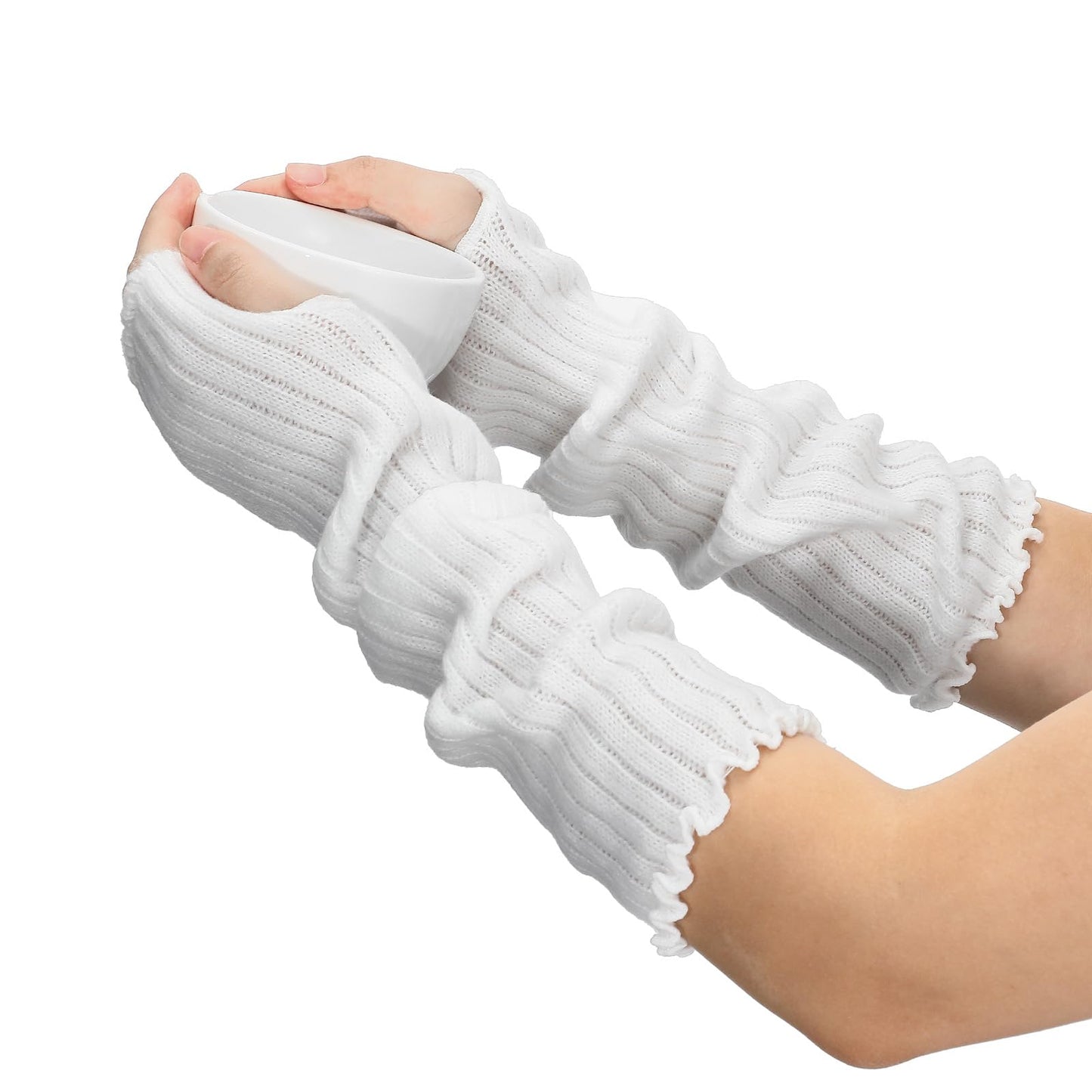 XLIUAX Arm Warmers for Long Sleeve Fingerless, Knit Mitten Gloves Sleeves with Thumb Hole Hip Hop Knitted Wrist Hand Cover(White)