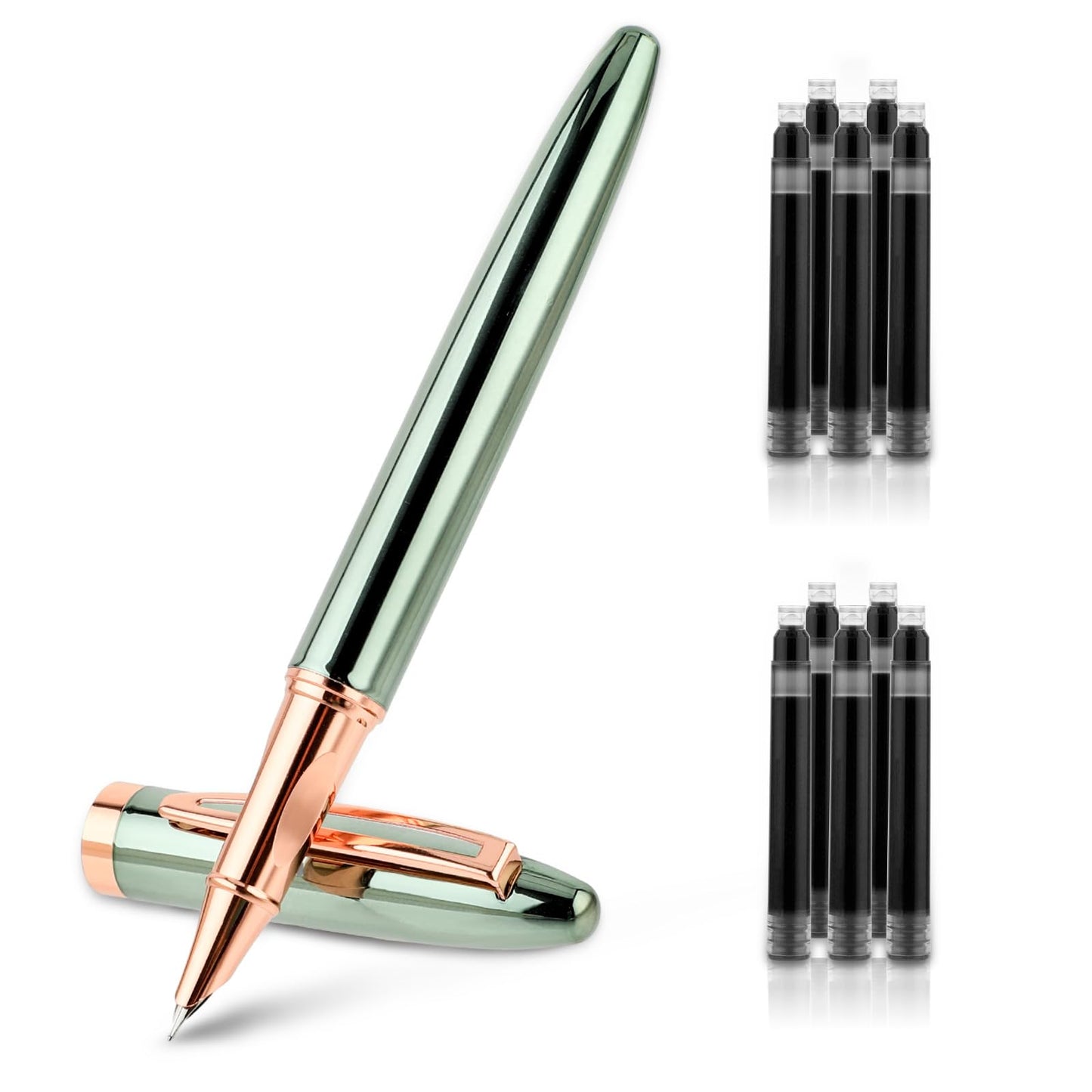 Amaxiu Metal Black Fountain Pen Set, 0.38mm Fine Nib Fountain Pen with 10 3.4mm Ink Cartridges and 1 Converter Smooth Writing Luxury Calligraphy Pen Office School Supplies Gift(Green)