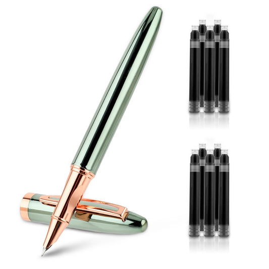 Amaxiu Metal Black Fountain Pen Set, 0.38mm Fine Nib Fountain Pen with 10 3.4mm Ink Cartridges and 1 Converter Smooth Writing Luxury Calligraphy Pen Office School Supplies Gift(Green)