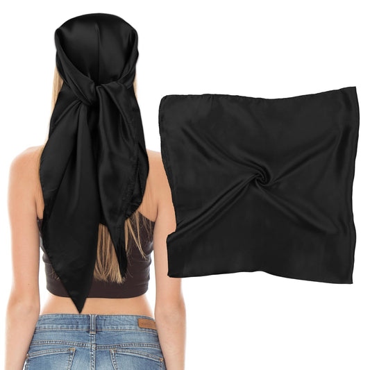 Bewudy 35" Large Square Satin Head Scarf, Silk Scarf for Women Hair Bandana, Head Scarves for Hair Wrapping and Sleeping at Night(Black)