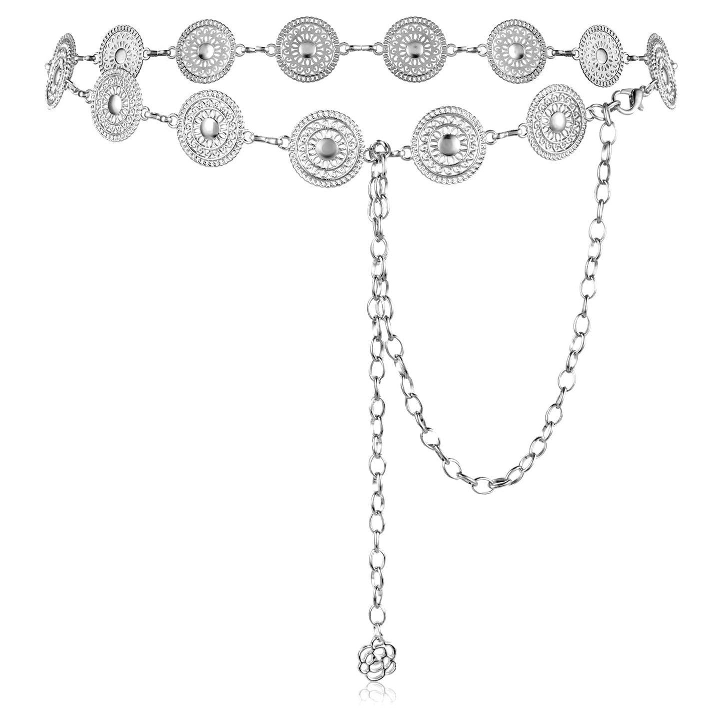Amabro Women Metal Chain Belt, Western Concho Chain Belt Adjustable Boho Waist Chain Belts for Dresses Jeans Cowgirl(Silver)