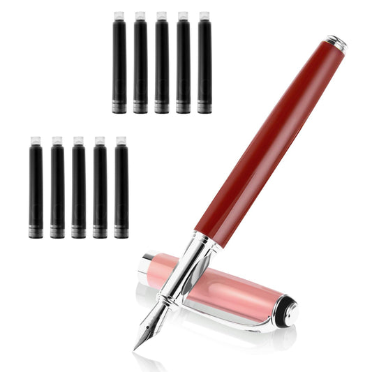 Amaxiu Metal Fountain Pens Set, Fine Point Nib Fountain Pen with 10 3.4mm Black Ink Cartridges Aesthetics Fountain Pens Smooth Writing Pen Office Calligraphy School Supplies Gift(Red)