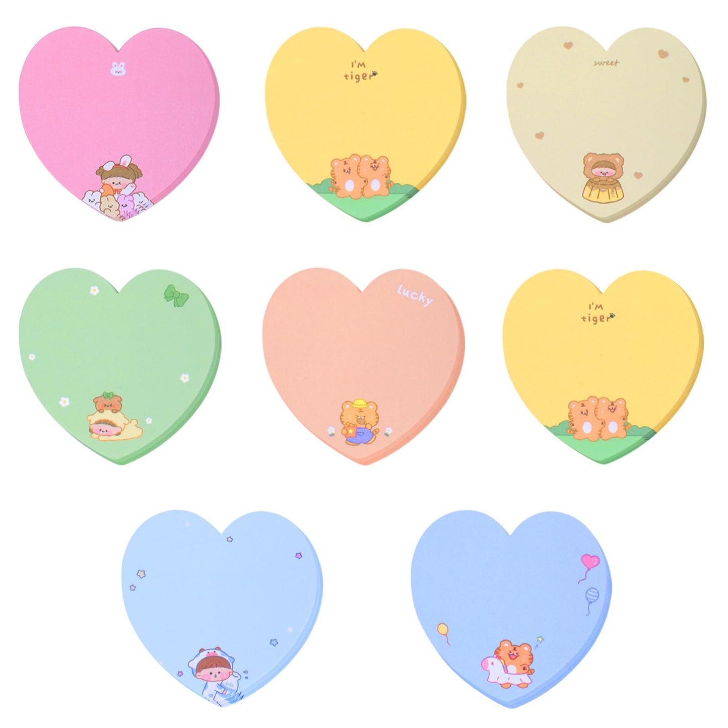 cobee Cute Heart Shape Self Stick Notes, 8 Pack Cartoon Animal Sticky Notes Colorful Heart Memo Pads Markers Flags Cute Sticky Notes for Students Home Office Supplies 240 Sheets(C)