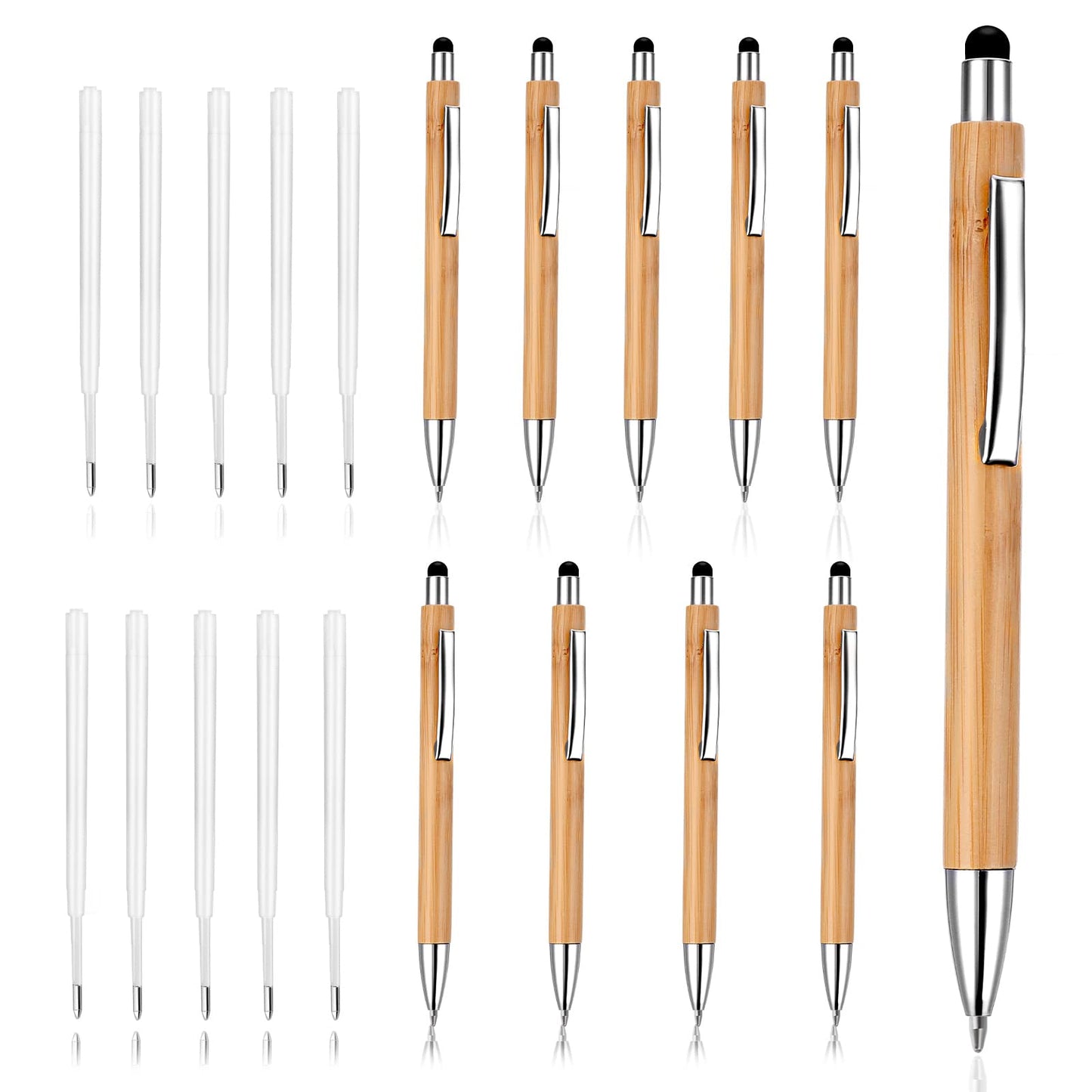 cobee Stylus Tip Bamboo Ballpoint Pen with Refill, 1.0mm Retractable Ball Point Pens Medium Point Pen Black Ink Stylus Pen for Touch Screens School Office Supplies(10pcs Pen+10pcs Refills)