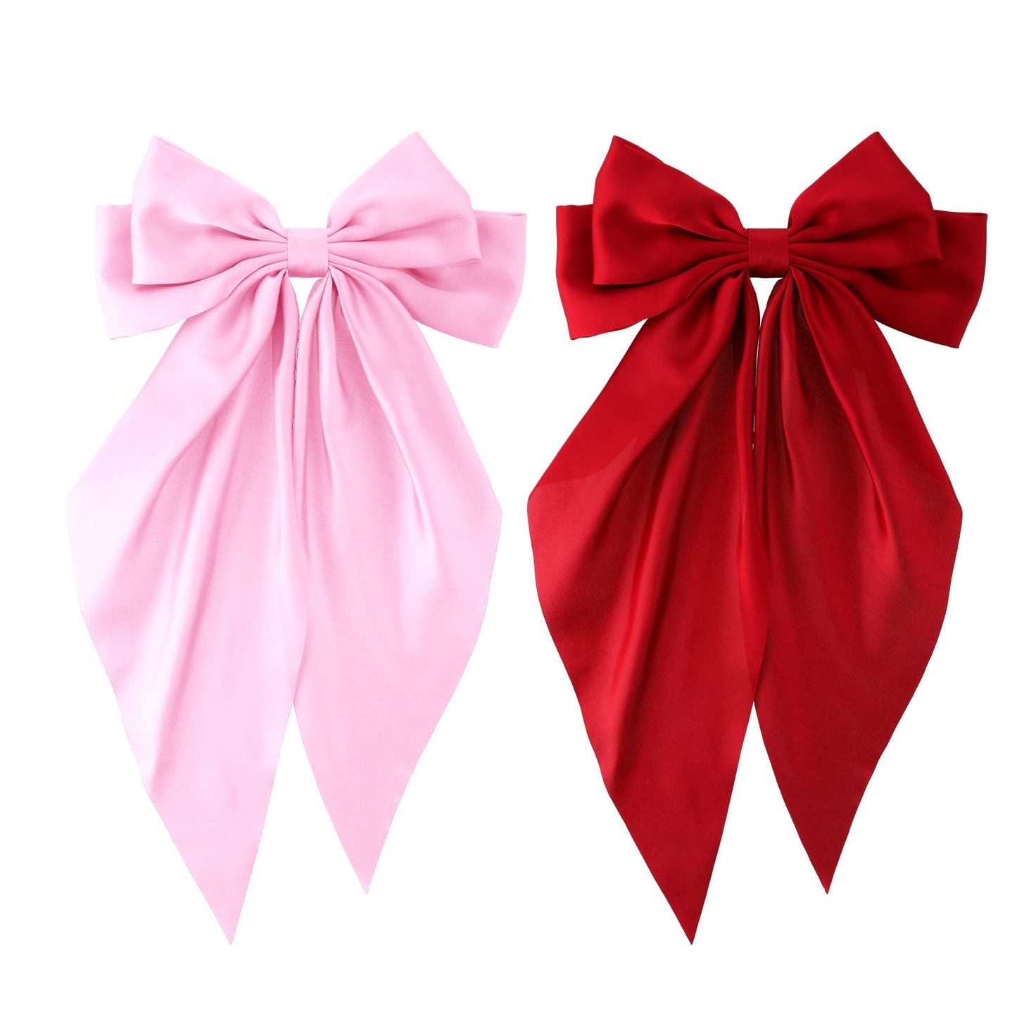 TIESOME Satin Bow Hair Clips For Women, 2 PCS Long Tail Hair Bows Hair Clips Ribbon For Hair French Hair Clips Silky Hair Barrettes with Metal Clips Cute Aesthetic Hair Accessories For Girl(Red+Pink)