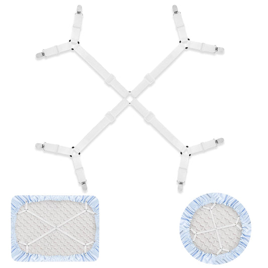 Amabro Sheet Straps, Adjustable Sheet Fasteners Elastic Bed Sheet Scrunchie Bed Holder Suspenders Gripper with Corner Clips Fitted Round and Square Mattresses Bedding(White)