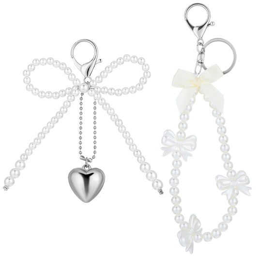 AOZUO 2 Pieces Pearl Bow Keychains for Women, Bag Pendant Aesthetic Y2K Bow Keychain, Bag Charm, Cute Pearl Bow Key Ring for Purse, White, 19cm/7.48in