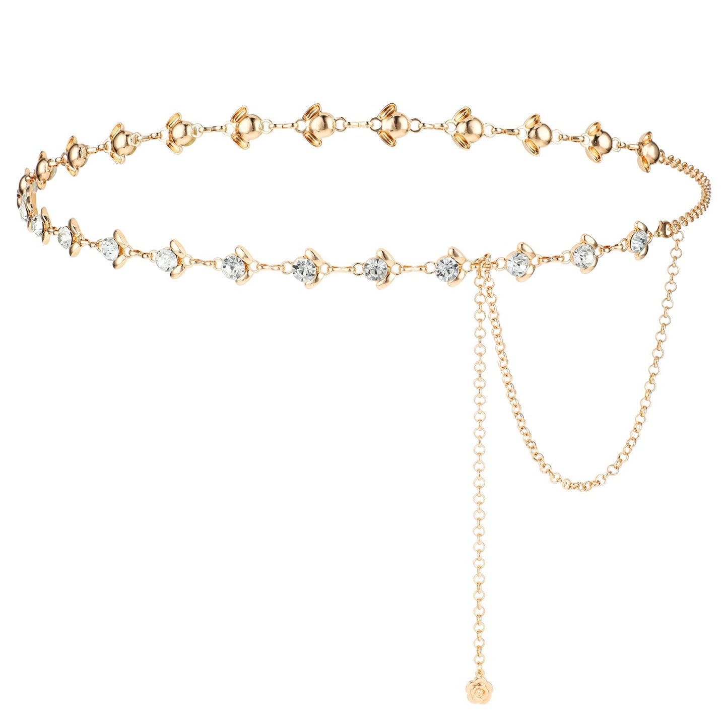 TIESOME Chain Belt for Women, Rhinestone Flower Waist Chain, Adjustable Crystal Waist Belts Bridal Wedding Belt for Dress (Gold,130cm/50.18in)