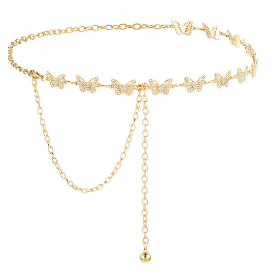 Amaxiu Women Butterfly Waist Chain Belt, Alloy Rhinestones Waist Belts Women Dress Belts Women link Chain Belt for Girl Women(Gold)