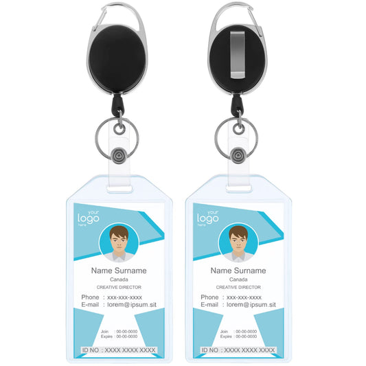 Bewudy 2 Pack ID Badge Holder with Clip, Badge Reels Retractable Heavy Duty, Clear Id Card Holder with Carabiner Badge Reel, Credit Card Holder with 24 inches Pull Cord (Vertical)