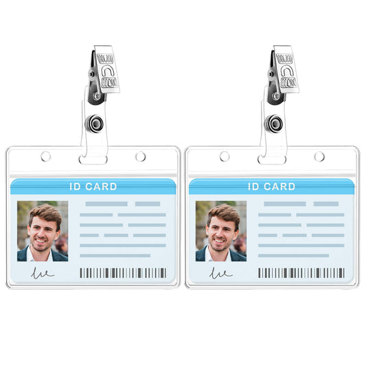 Amaxiu Clear ID Badge Holder with Metal Badge Clips, 2 Pack Soft Plastic Badge Card Sleeves Waterproof Credit Card Protector Transparent Name Card Case for Nurses Office School (Horizontal)