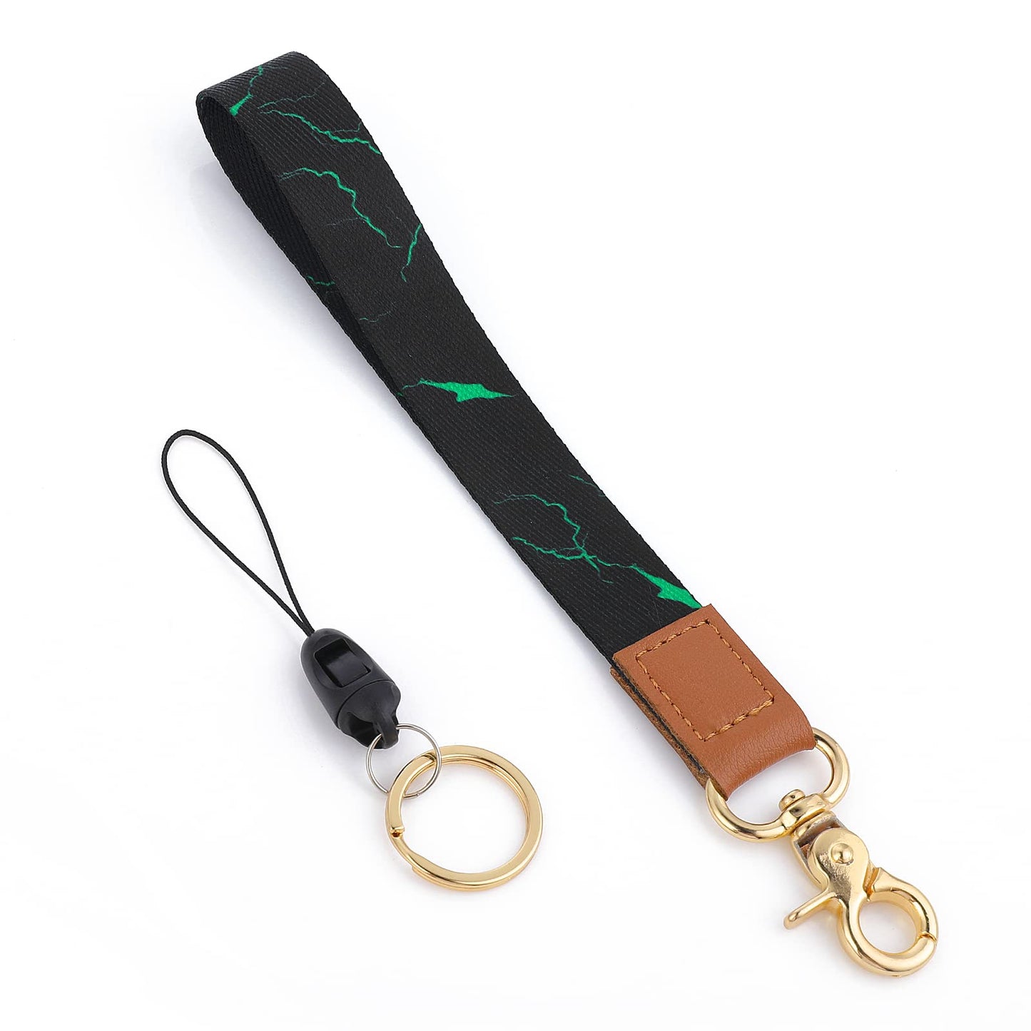 cobee Wrist Lanyard KeyChain, Marble Hand Wrist Lanyard with Swivel Lobster Clasp + Mini Lanyard with Metal Keyring, Leather Wristband Key Chain for Car Keys ID Badges Card (Black with Green Texture)