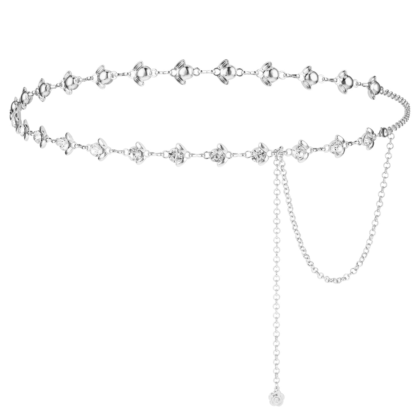 TIESOME Chain Belt for Women, Rhinestone Flower Waist Chain, Adjustable Crystal Waist Belts Bridal Wedding Belt for Dress(Sliver)