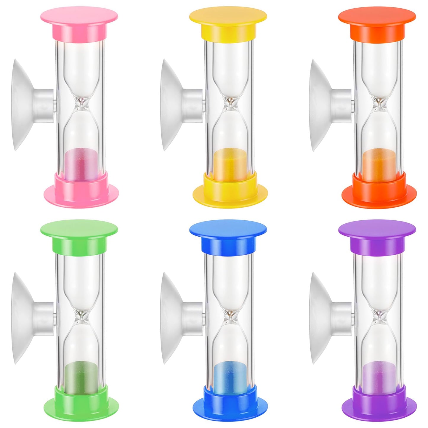 WJIAAA Set of 6 Hourglass 3 Minutes, Colourful Hourglass Set with Suction Cup, Colourful Hourglass Set for School, Play and Office (Plastic, 71 g, 6 Colours)