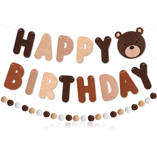 MBAIYO Bear Happy Birthday Banner, Animals Theme Birthday Decoration Set DIY Hanging Letter Kit with Pompom Balls Brown Bear Decor for Party Supplies