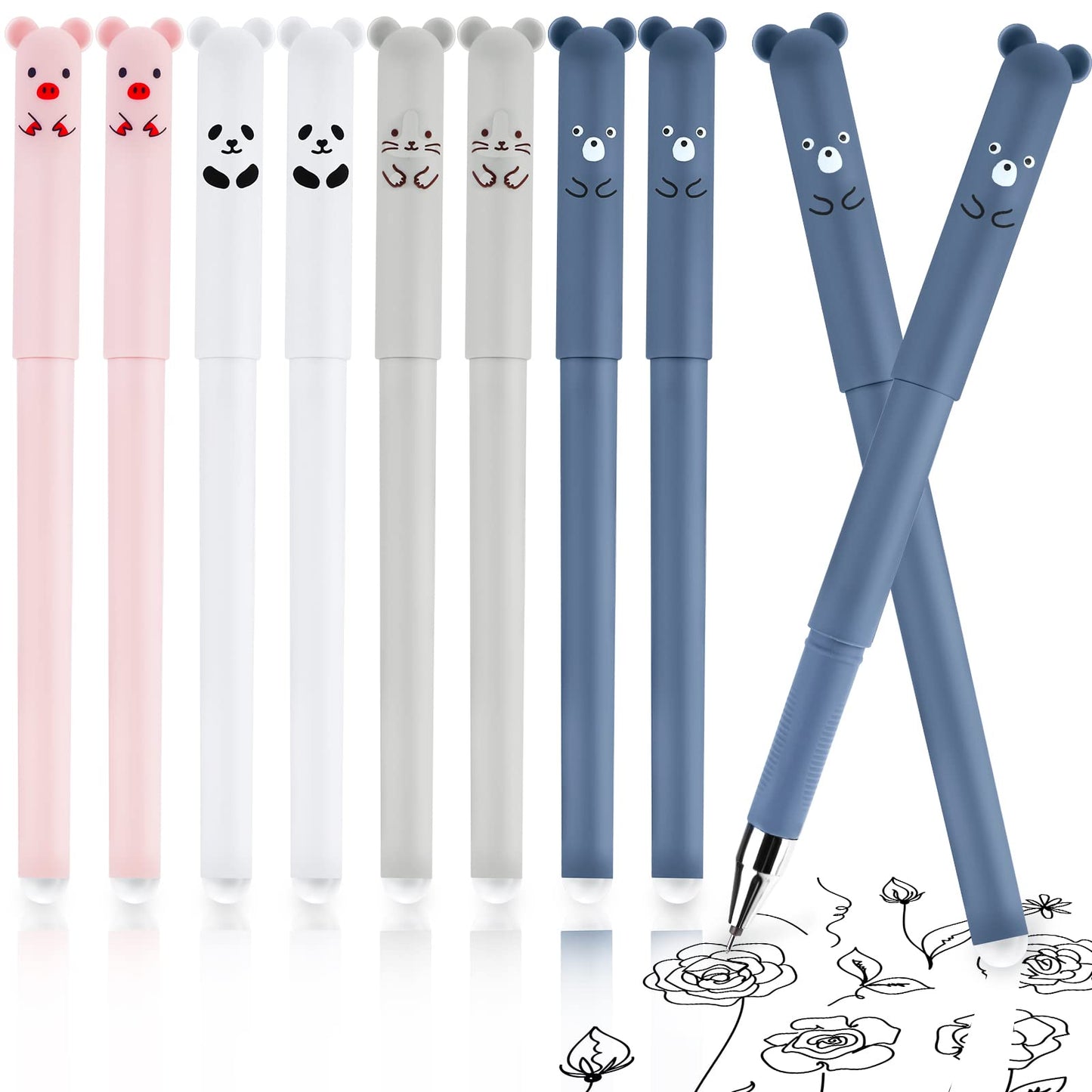 TIESOME 8 Pack Erasable Pens, Cute Cartoon Animal Rollerball Pens Erasable 0.5mm Black Ink Gel Pens Friction Pens Erasable Gel Pen Easy to Rub Stationery Office Supplies Gift