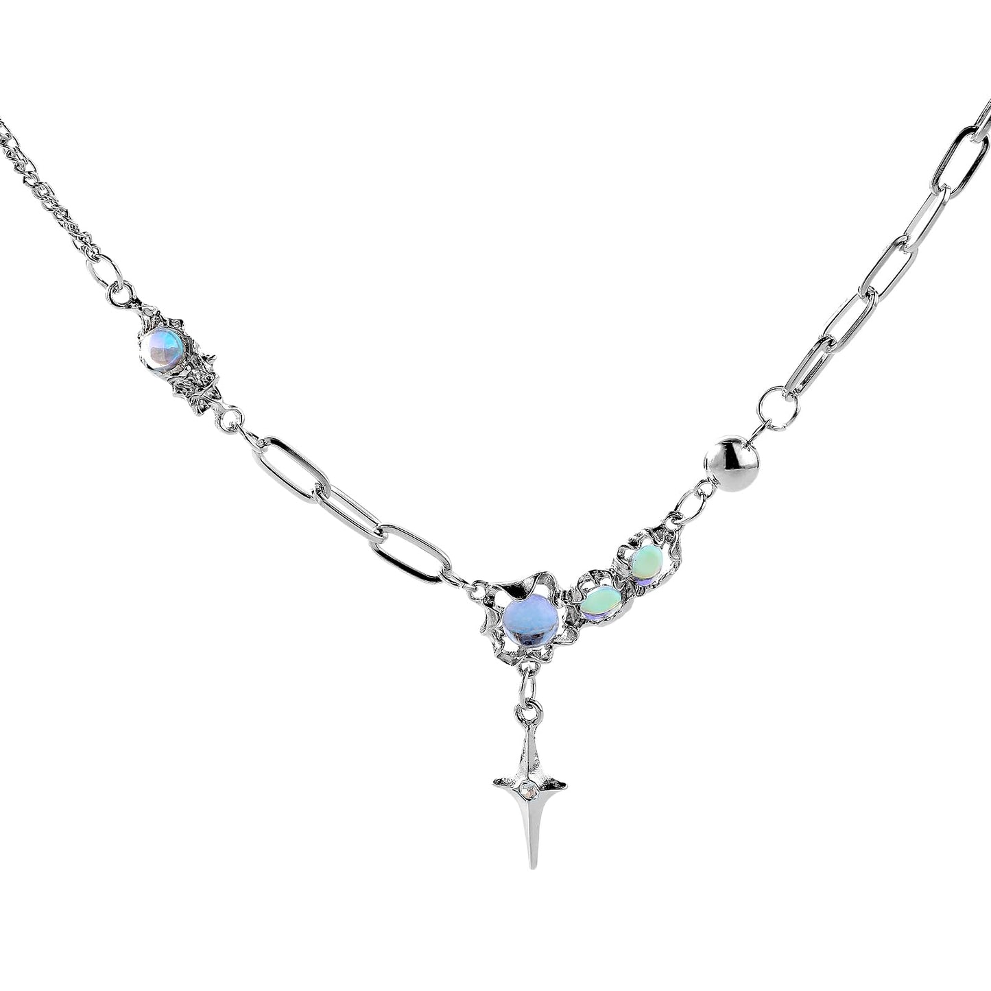 TIESOME Irregular Metal Pendant Necklace, Moonstone Star Cross Necklace Gothic Boho Collar Chain Fashion Star Necklaces Asymmetric Necklaces for Women Teens Downtown Girls