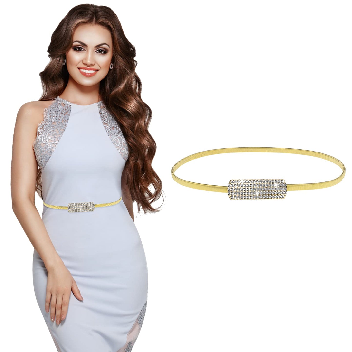 cobee Women Skinny Metal Waist Belt, Gold Thin Metal Chain Stretch Elastic Waistband with Rhinestone Fashion Dress Belts for Women's Bridal Dressy(Gold)