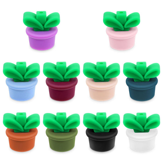 AOZUO Pack of 10 Silicone Seed Beads, 3D Flower Pot Grass, Silicone Accessories, Cute Loose Beads Leaf with Pot for Homemade Key Chains, Bracelets, Necklaces, Pens, Lanyards, Crafts