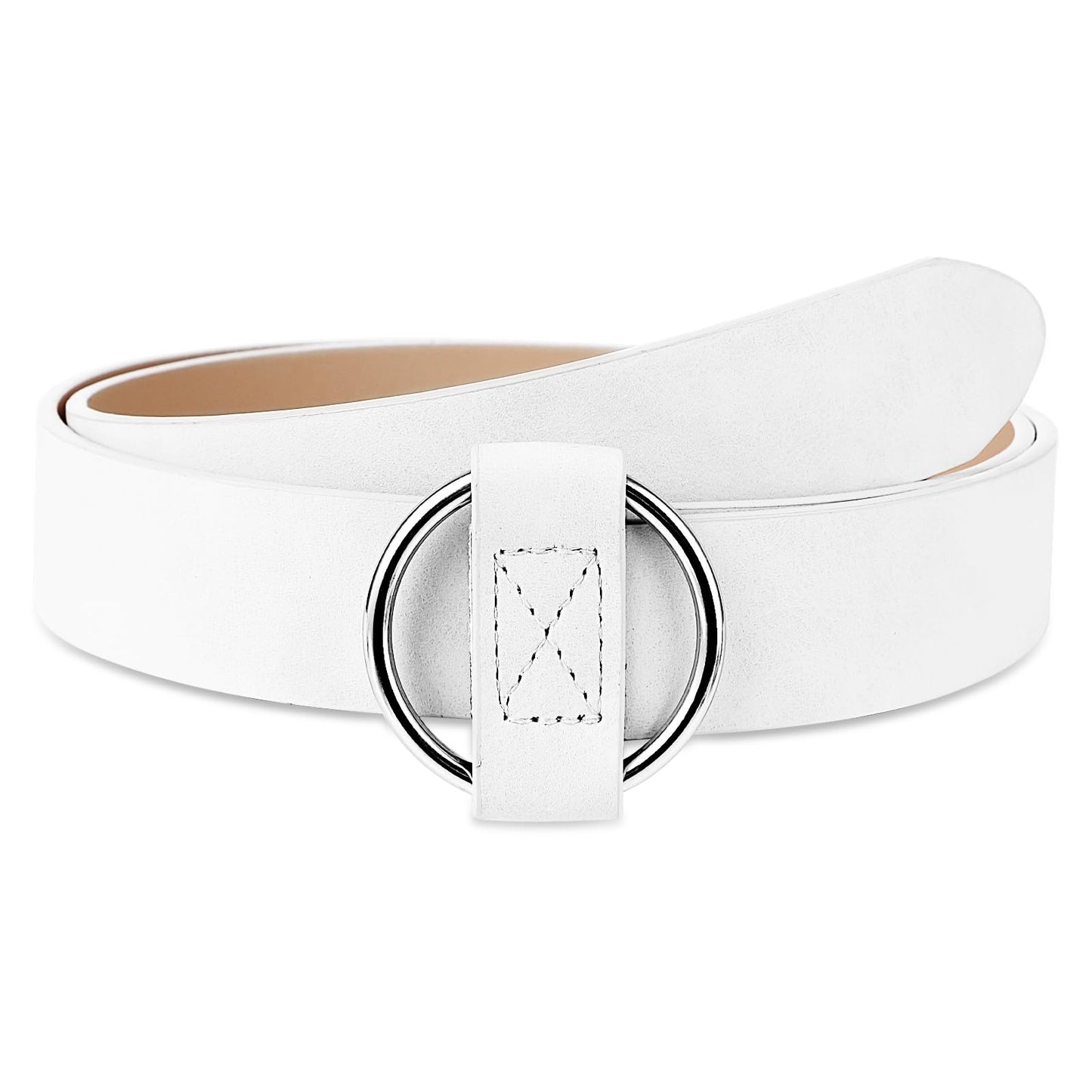 Amaxiu Women Leather Belt, No Pin O Ring Buckle Belt Circle Buckle Ladies Fashion Waist Belt Women Belt for Dress Jeans (White)