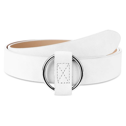 Amaxiu Women Leather Belt, No Pin O Ring Buckle Belt Circle Buckle Ladies Fashion Waist Belt Women Belt for Dress Jeans (White)