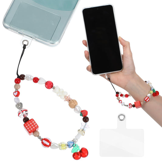 AOZUO Cute Cherry Phone Charm, Beaded Cell Phone Charms Wrist Strap with Tether Tab Keychain Decoration Phone Lanyards for Wallet Women