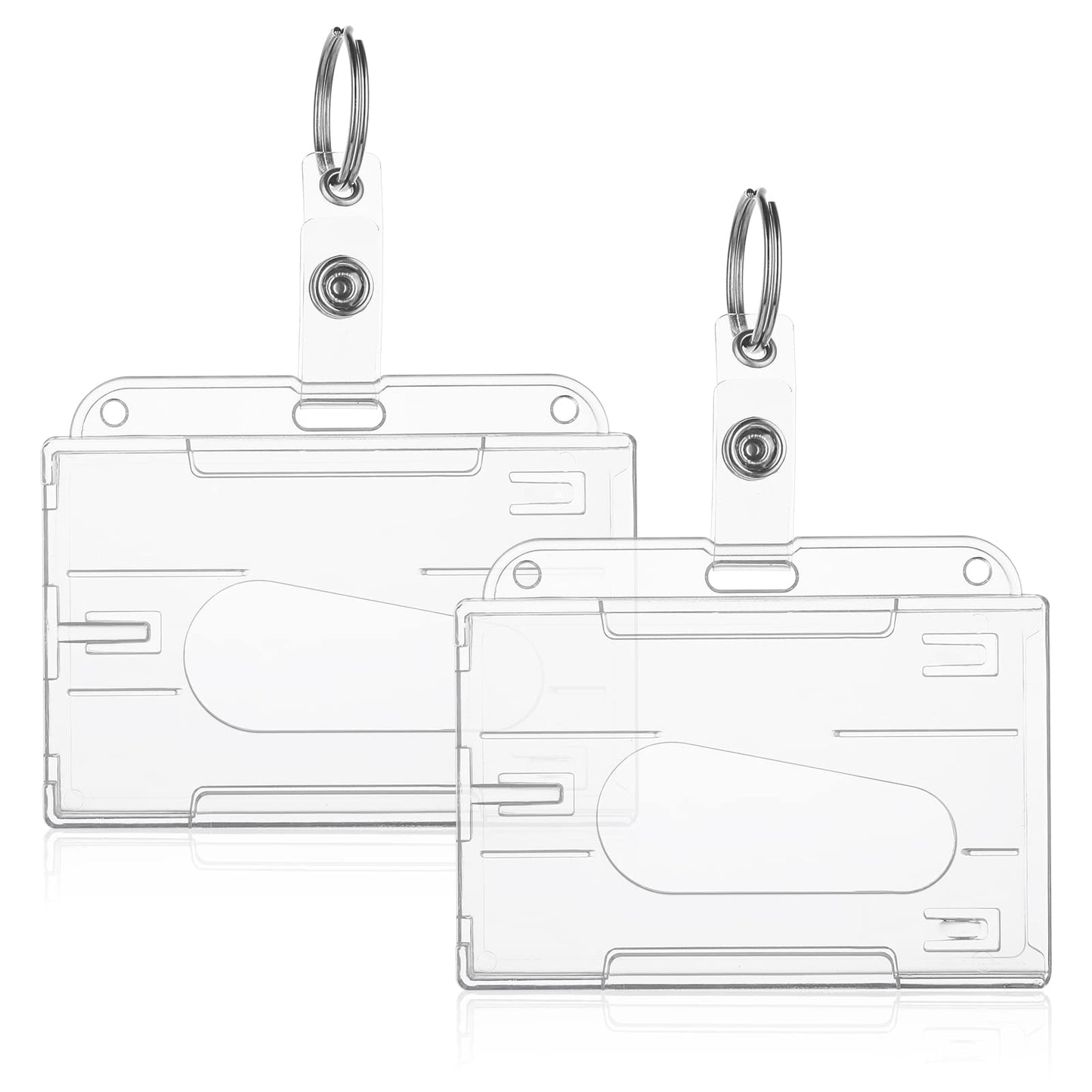 TIESOME ID Card Badge Holder with Keyring, 2 Pack Heavy Duty Badge Holders Keychain Hard Plastic Clear Card Protector Thumb Slot Card Case School Office Supplies(Horizontal)
