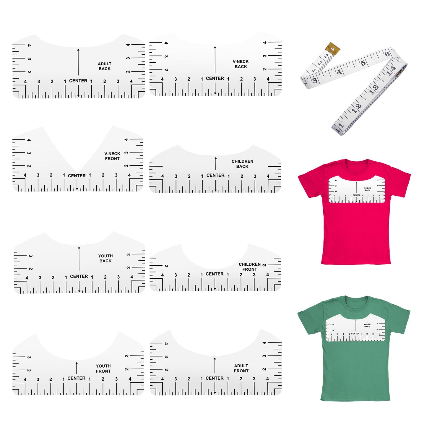 Yuanchu 8 pieces t-shirt orientation ruler, t-shirt centering tool PVC T-shirt ruler guide t-shirt orientation ruler and a 1.5 m tape measure white templates ruler for adults children and youth