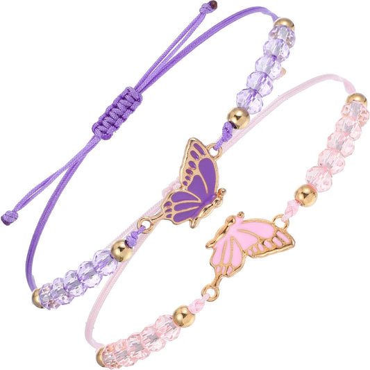 simarro 2pcs Matching Bracelets, Butterfly Friendship Bracelets Adjustable Strand Best Friends Bracelet, Handmade Charm Couples Jewelry Gifts for Women Couples Friend (Pink + Purple)