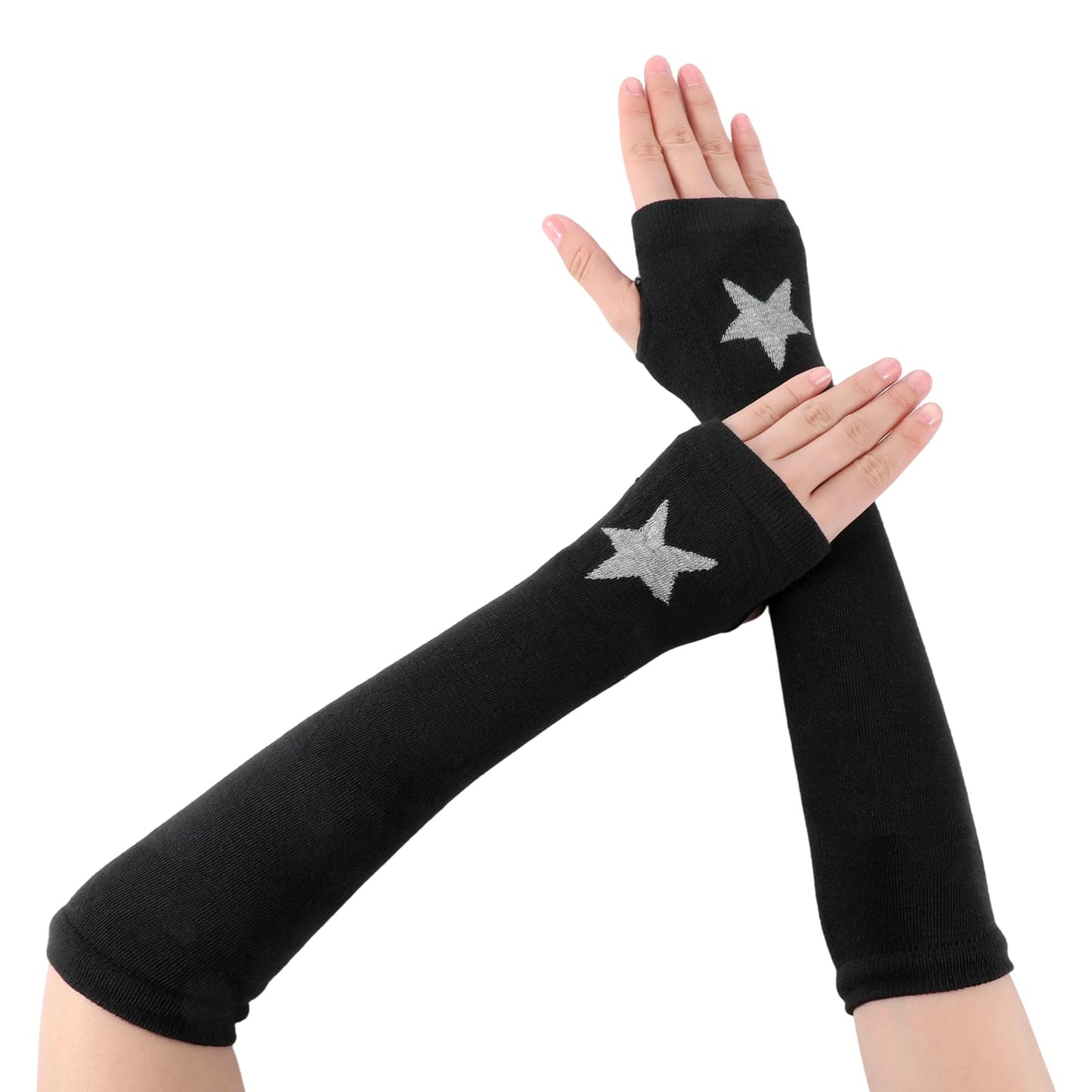 DOPENSPI Black Women Goth Arm Sleeve Goth Arm Warmers, Knitted Star Fingerless Arms Warmers Warm Gloves with Thumb Hole for Party Gloves Music Festival Mittens