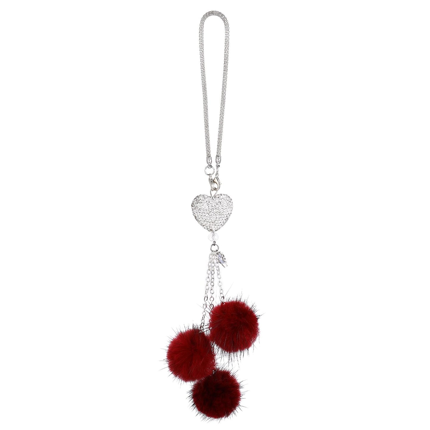 cobee Love Heart Diamond with Plush Ball Car Hanging Ornament, Car Bling Rear View Mirror Lucky Hanging Ornaments Rhinestones Diamond Love Heart Car Accessories for Women & Men(Burgundy Red)