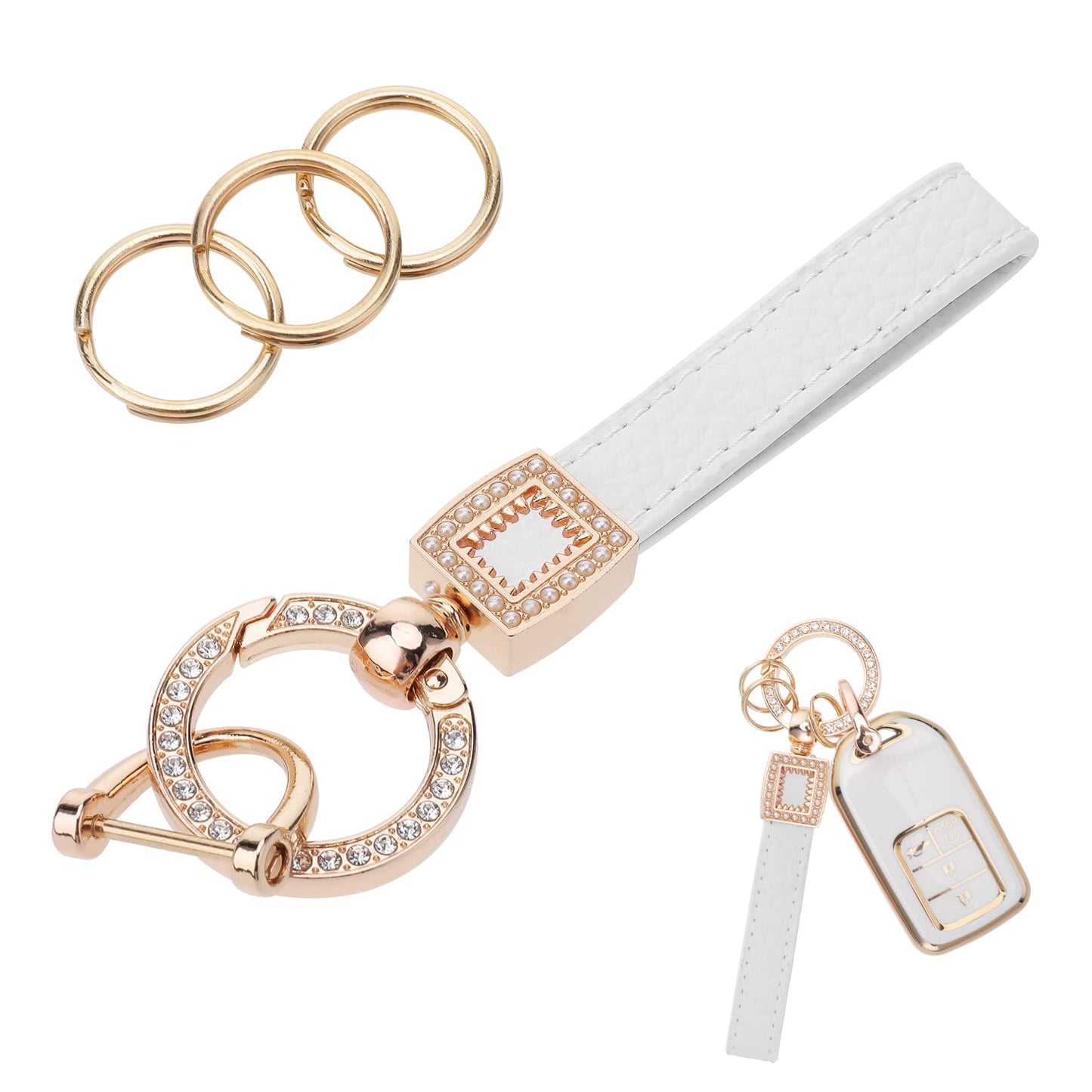 cobee Microfiber Leather Car Keychain, Bling Universal Key Fob Holder with Anti Lost D Buckle 360 Degree Rotatable Car Key Fob Keychain Holder with 3 Keyrings and Repair Bar (White)