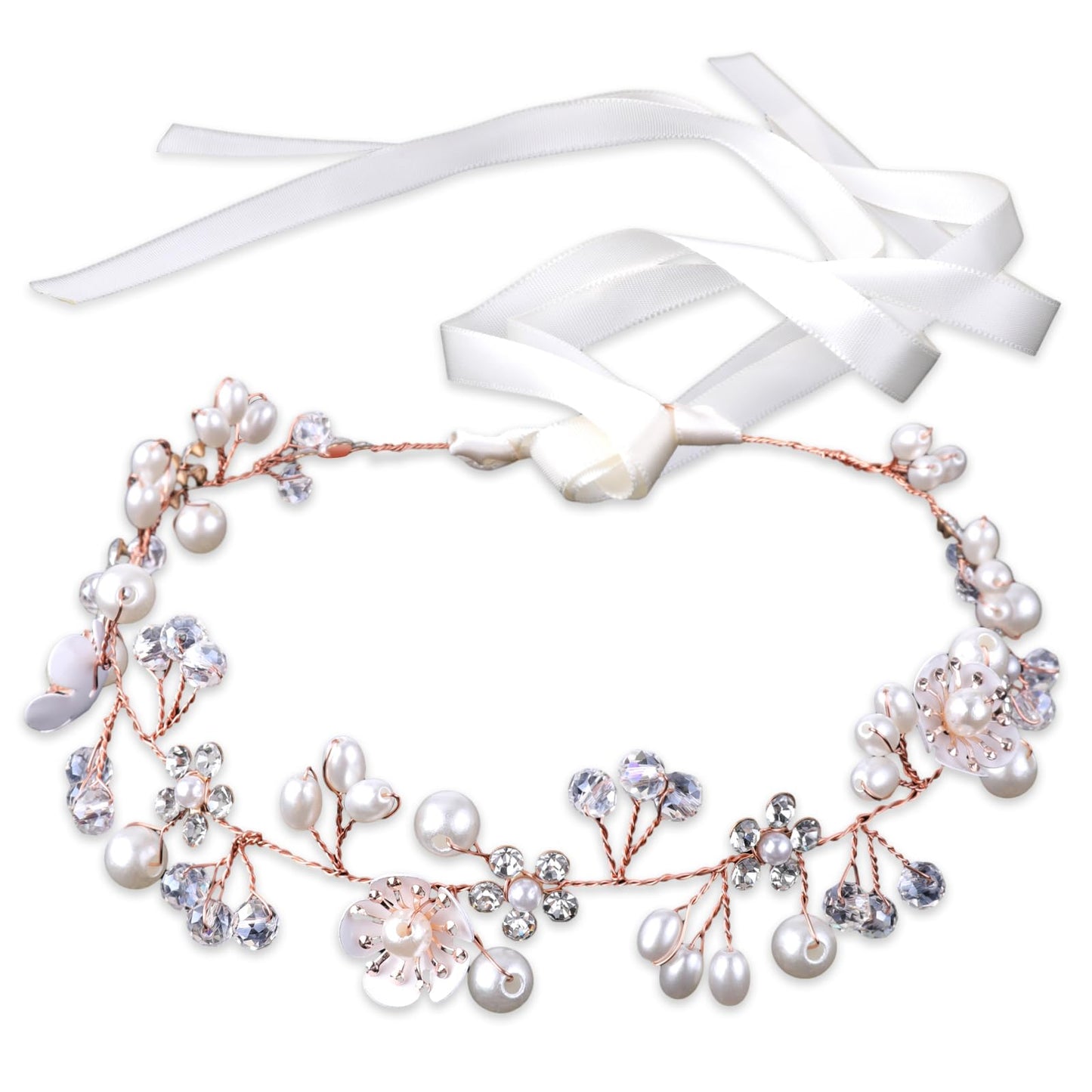 Amaxiu Flower Girl Headpiece, Wedding Pearl Rhinestone Hair Vine Headband Bridal Hair Accessories Princess Crown First Communion for Kids Girls Bride Women (Rose Gold)