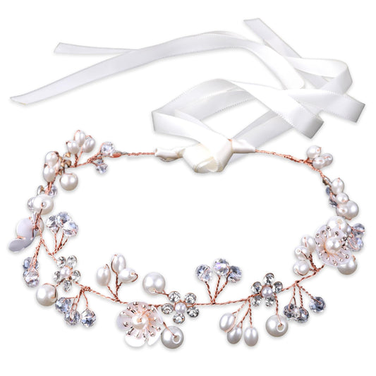 Amaxiu Flower Girl Headpiece, Wedding Pearl Rhinestone Hair Vine Headband Bridal Hair Accessories Princess Crown First Communion for Kids Girls Bride Women (Rose Gold)