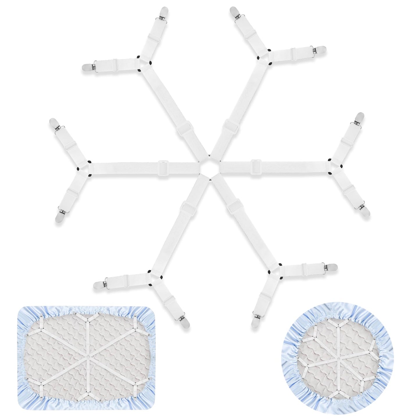 Amabro Sheet Fasteners, Elastic Bed Sheet Holder Straps Adjustable Bed Sheet Scrunchie Fitted Sheet Sturdy Suspenders Gripper with Metal Clips for Bed Sheets Mattress Covers Sofa Cushions(White)