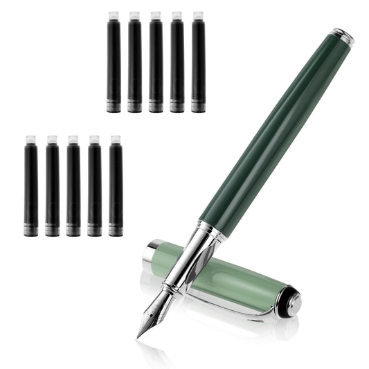 Amaxiu Metal Fountain Pens Set, Fine Point Nib Fountain Pen with 10 3.4mm Black Ink Cartridges Aesthetics Fountain Pens Smooth Writing Pen Office Calligraphy School Supplies Gift(Green)