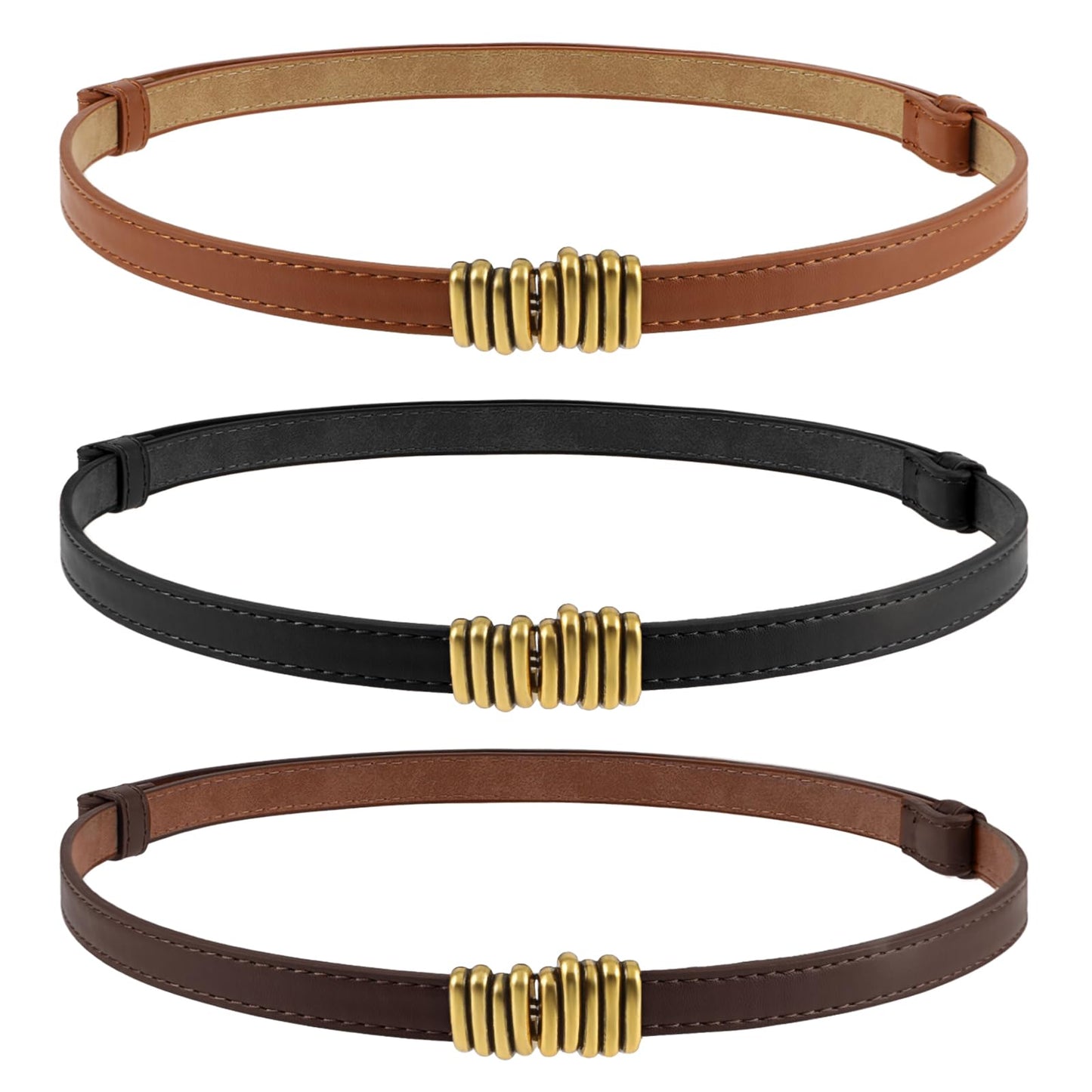 GEEHUA 3Pcs Women Skinny Leather Belt, Ladies Thin Belt Adjustable Fashion Waist Belt with Gold Buckle for Dress Jeans