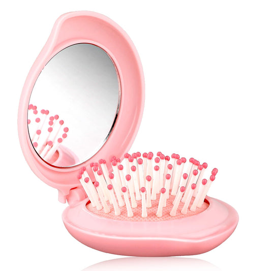 Bewudy 1Pcs Travel Hair Brush with Mirror, Mini Hair Brush, Travel Pocket Brush with Mirror, Folding Hairbrush for Women Small Hair Comb with Mirror Combo Gifts for Women, Pink (1)