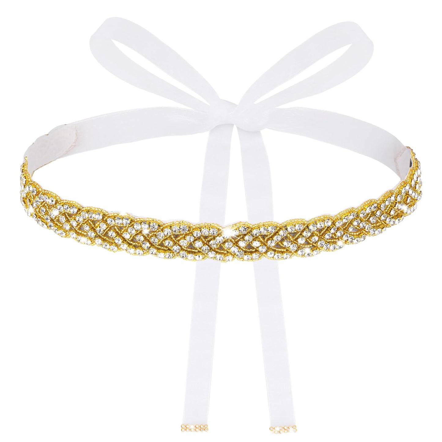 Andibro Handmade Rhinestone Bridal Belt, Gold Bridal Wedding Dress Sash Trim Crystal Belt With Ribbons for Bridal Gowns(White)