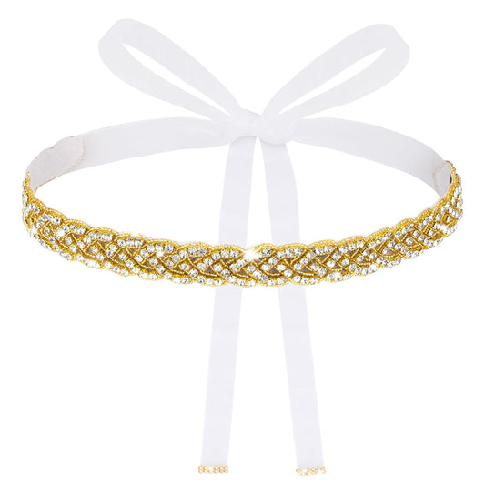 Andibro Handmade Rhinestone Bridal Belt, Gold Bridal Wedding Dress Sash Trim Crystal Belt With Ribbons for Bridal Gowns(White)