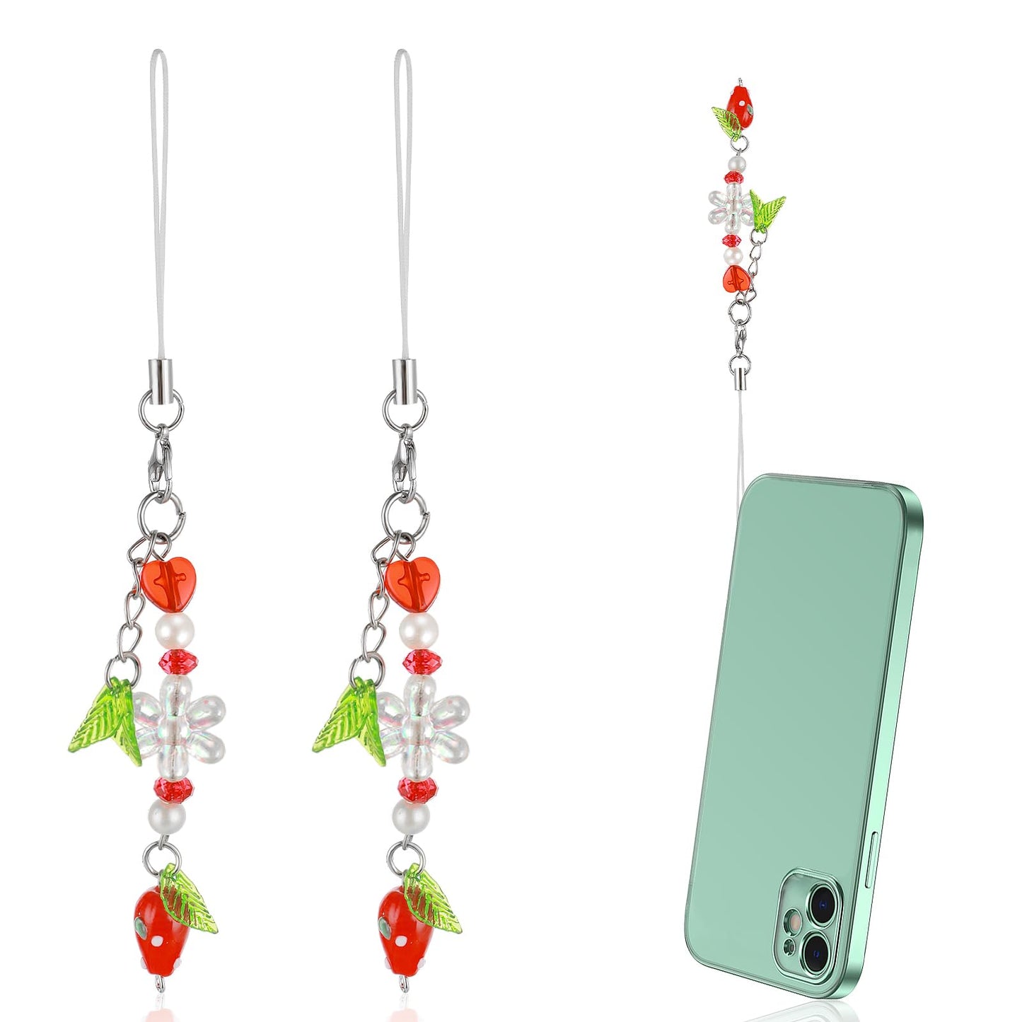 Amaxiu 2pcs Cute Strawberry Phone Charm, Delicate Aesthetic Charm Cell Phone Charms Strap Mobile Phone Pendant Red Strawberry Flower Phone Charm Phone Accessories for Phone Bag Keychain Camera