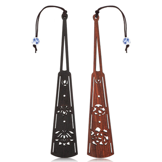 Amaxiu 2 Pcs Vintage Handmade Wooden Bookmark, Fan Shape Book Marks Valentines Day Gifts with Blue White Porcelain Pendant for Book Lovers Wedding Anniversary Men Women Gift(A)