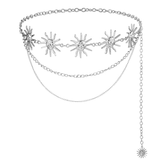 Andibro Fashion Multilayer Chain Belt, Sun Waist Chain Adjustable Metal Link Decorative Chain Belt for Jean Pants Dress(silver sun)