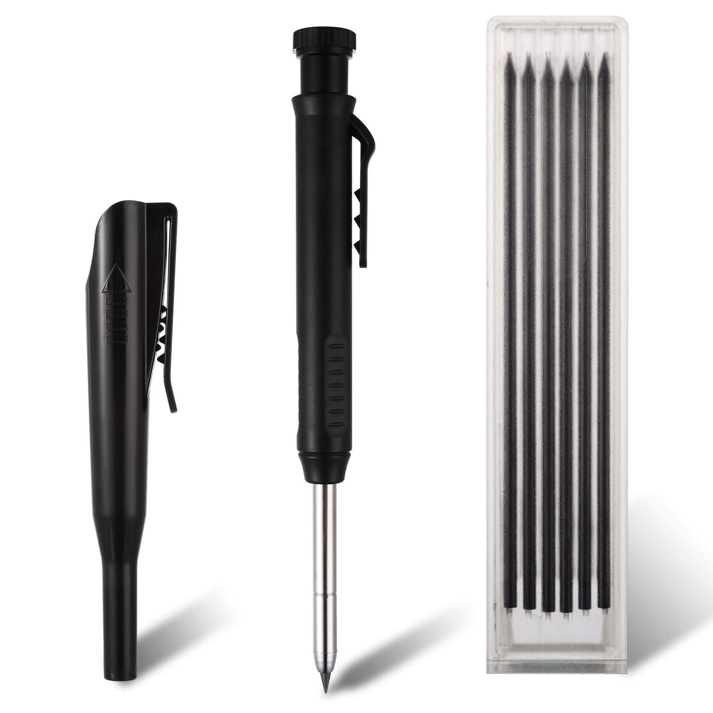 cobee Mechanical Carpenter Pencils with 6 Refills, Solid Carpenter Pencils with Built-in Sharpener Woodworking Deep Hole Making Automatic Pencils Long Nosed for Drawing Scribing Construction(Black)