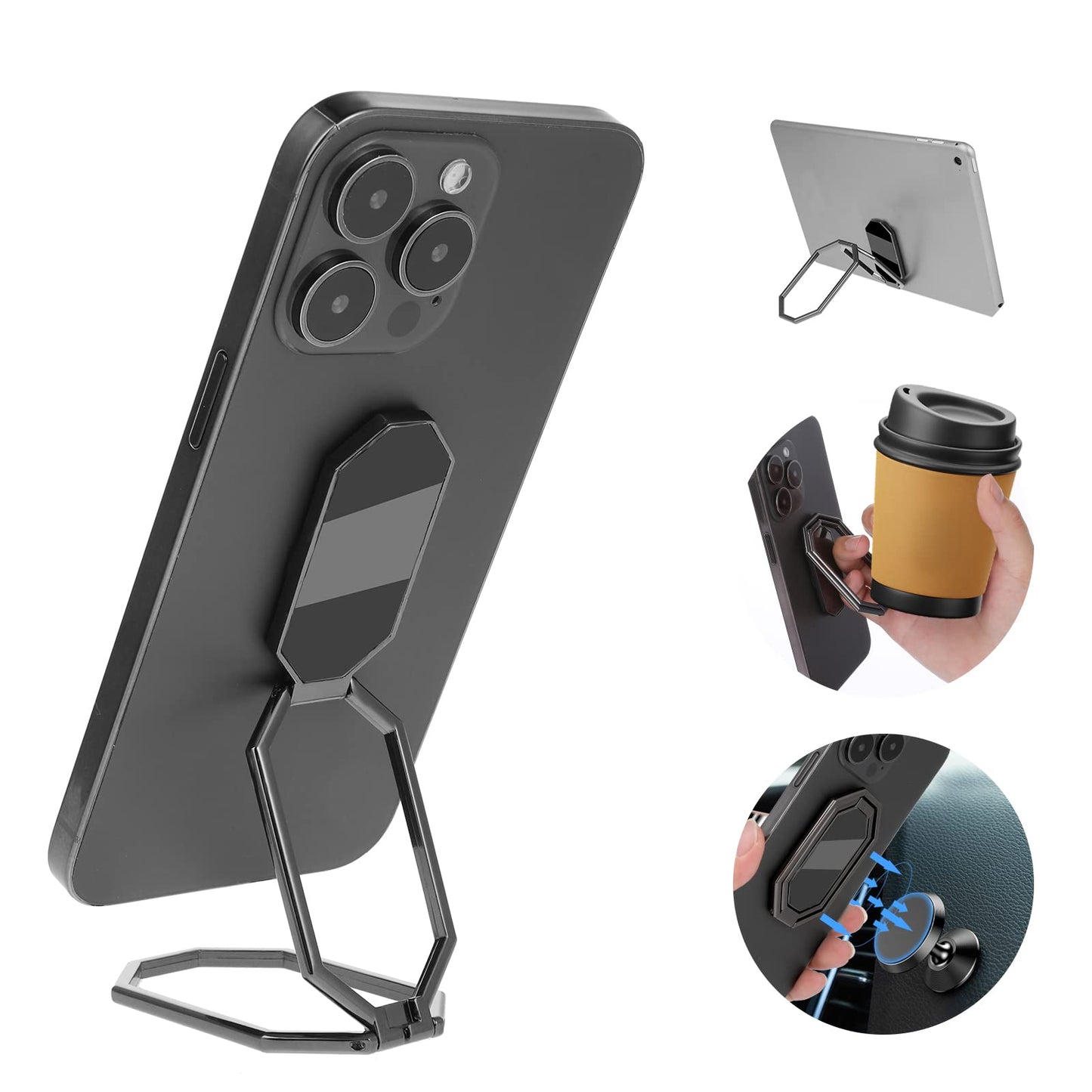 cobee Phone Ring Holder Finger Kickstand, Octagon 360° Rotation Foldable Cell Phone Stand Adjustable Phone Holder Metal Phone Back Grip for Magnetic Car Mount Smartphones Tablet(Black)
